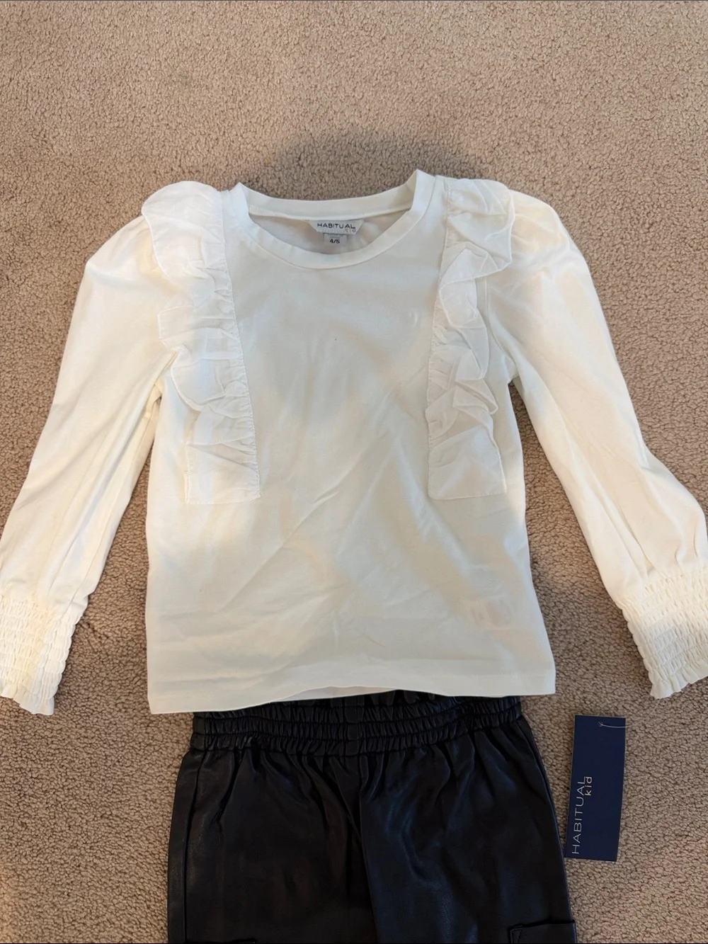 Habitual Cream Ruffle-Smock Long Sleeve Top and Black Faux Leather Pants